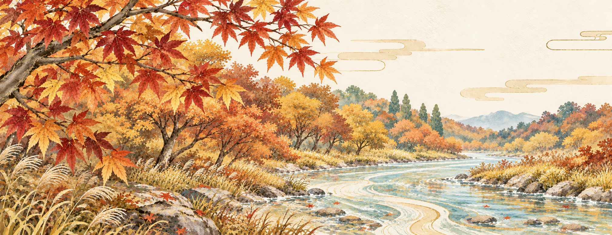 紅葉とすすきが彩る秋の川辺を描いた和風イラスト